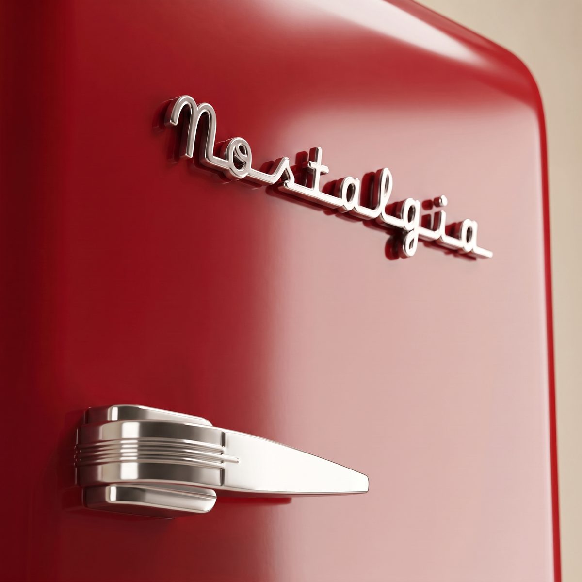 Chrome Nostalgia script badge and lever handle on the Retro Red fridge [one-red-detail]