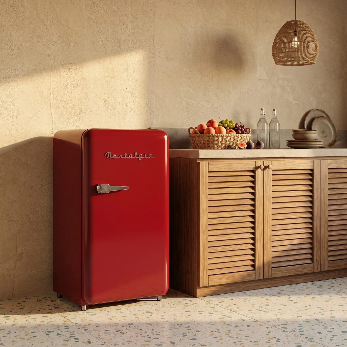 Retro Red Nostalgia fridge beside a kitchen counter [one-red-kitchen]