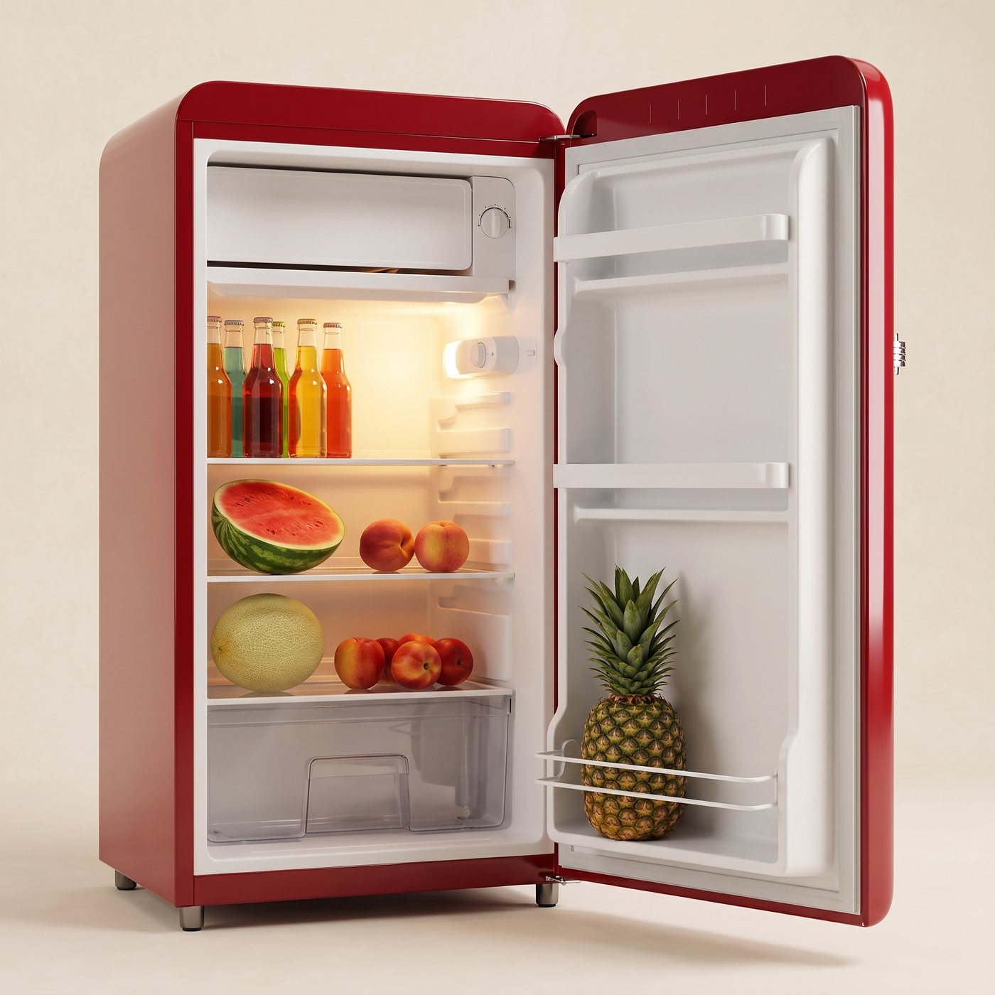 Retro Red Nostalgia fridge open, showing the white LED lit interior [one-red-open]