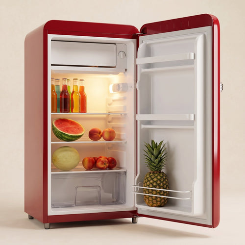 Retro Red Nostalgia fridge open, showing the white LED lit interior [one-red-open]