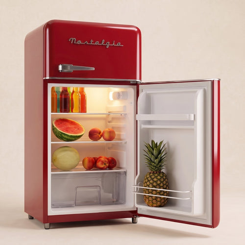 Retro Red Nostalgia fridge open, showing the white LED lit interior [two-red-open]